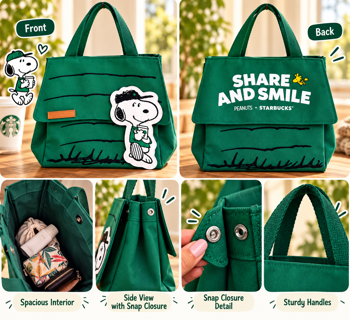 Peanuts × Starbucks Snoopy Doghouse Canvas Tote Bag – Green