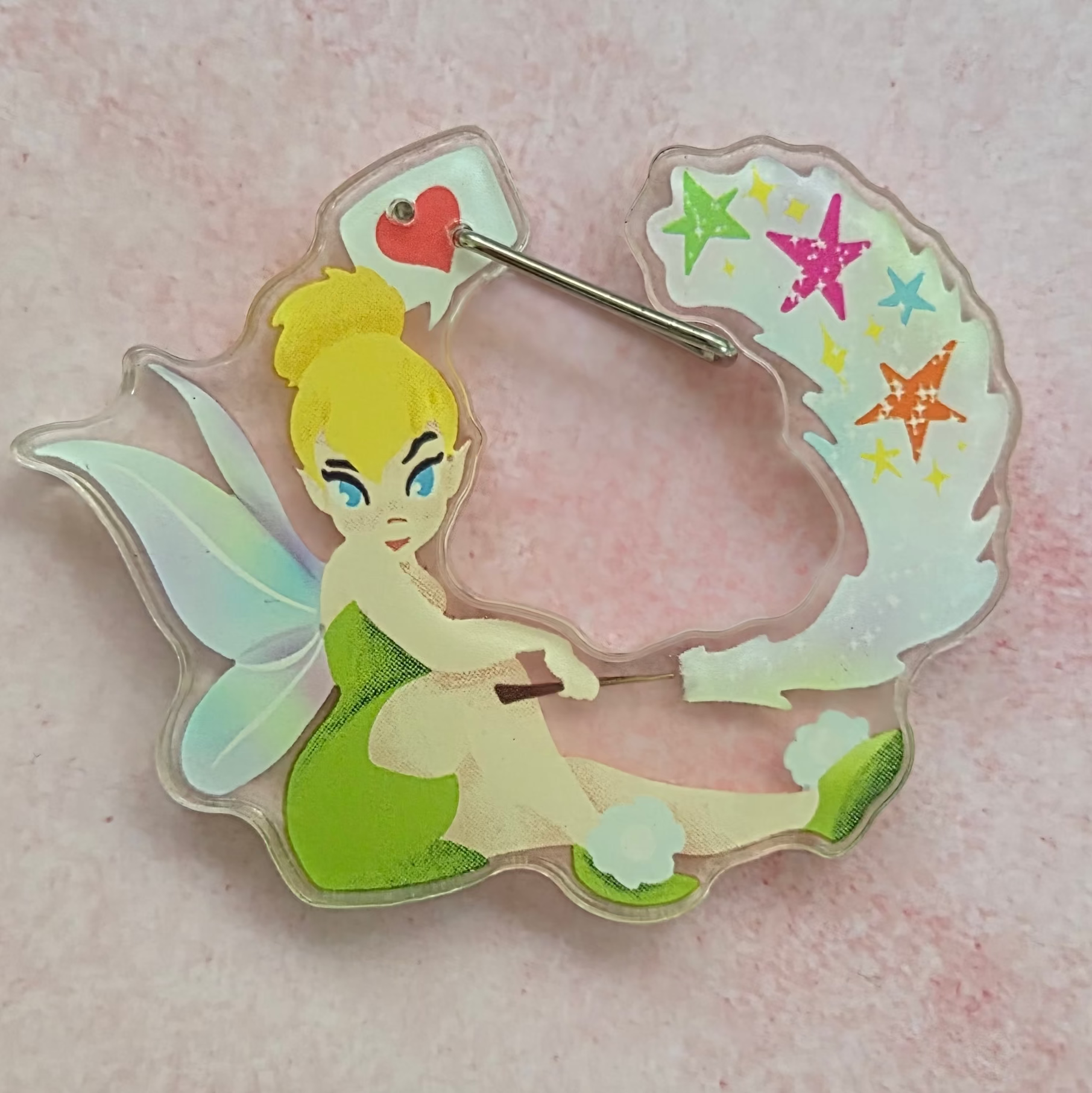 Tinkerbell carabiner keychain clipped to bag – clear acrylic Disney fairy charm