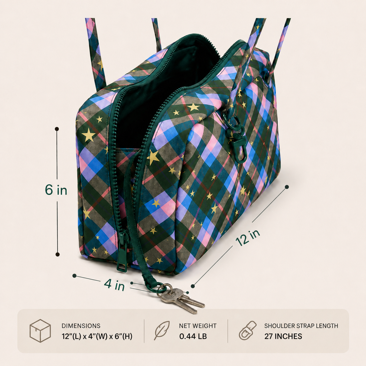 A patterned zippered bag shown with overlaid dimension lines and text indicating height, width, and depth, plus a bottom panel with dimensions, net weight, and shoulder strap length.