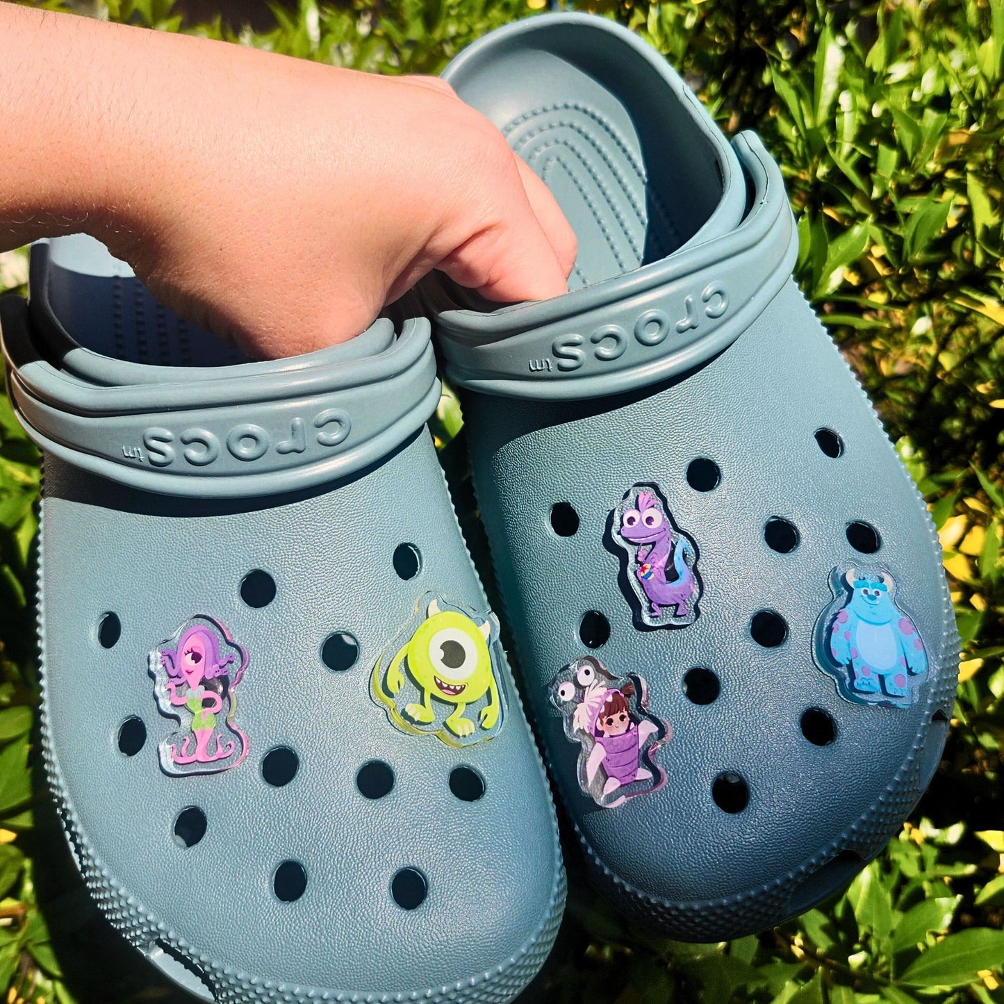 Monsters Inc shoe charms on crocs – Mike and Sulley acrylic Disney Pixar accessories