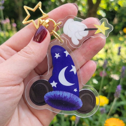Sorcerer's Hat keychain on bag – 3-inch acrylic magnetic charm clipped to backpack strap