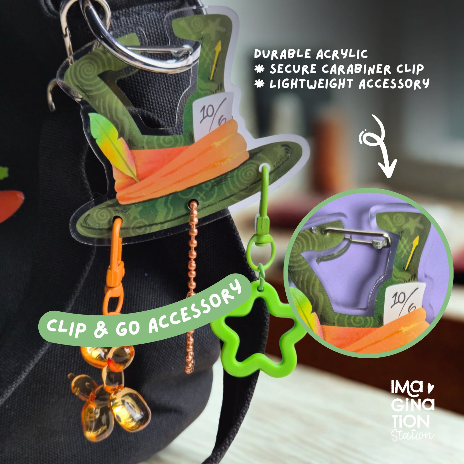 Mad Hatter carabiner keychain on bag – Alice in Wonderland Disney functional clip charm