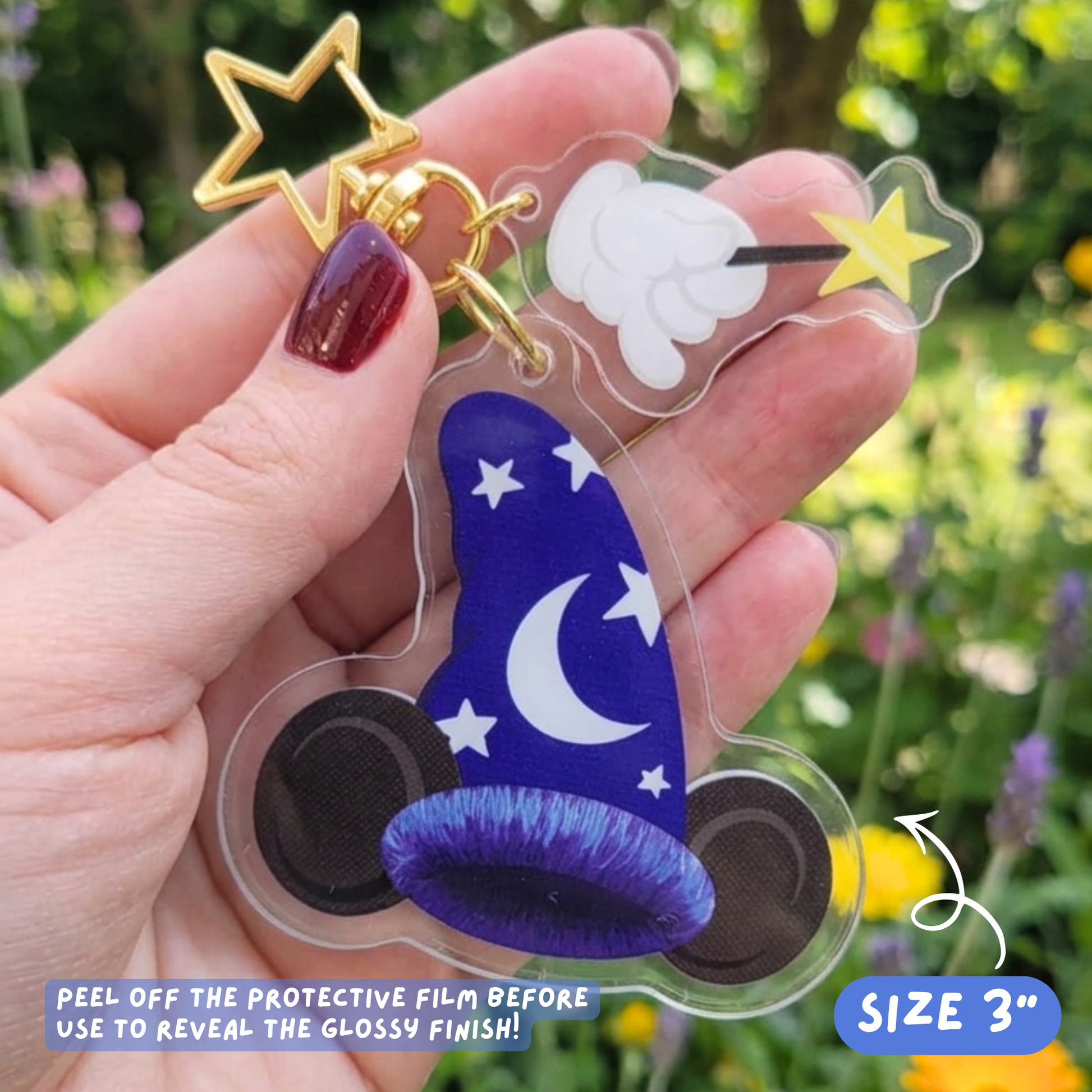 Sorcerer's Hat keychain size reference showing 3 inch acrylic magnetic charm dimensions