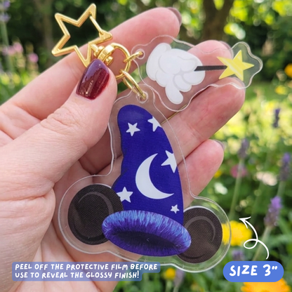 Sorcerer's Hat keychain size reference showing 3 inch acrylic magnetic charm dimensions