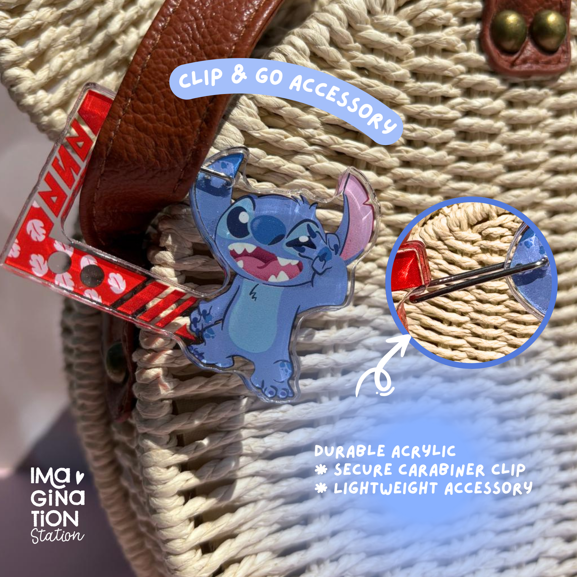 Blue cartoon character clip on a woven bag with text highlighting features