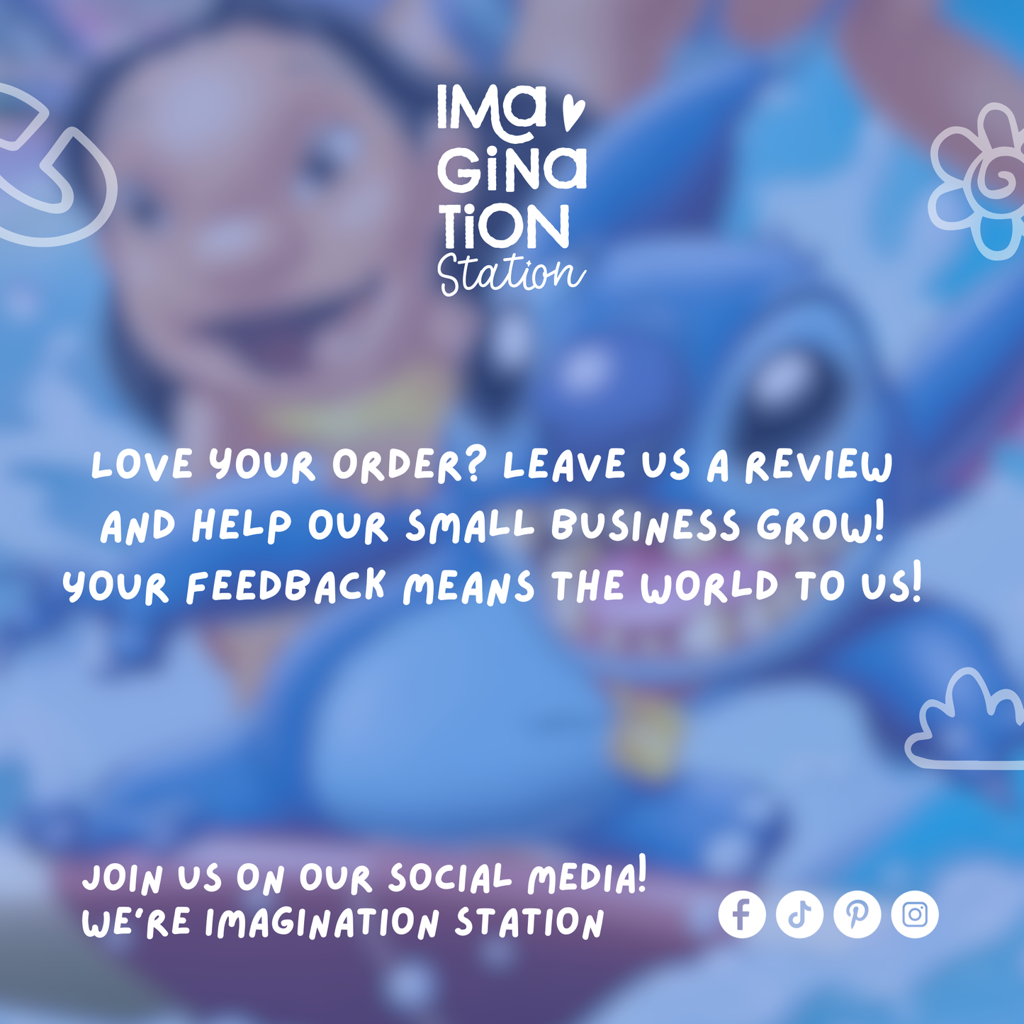 Cartoon characters with a call to action for feedback on a blue background