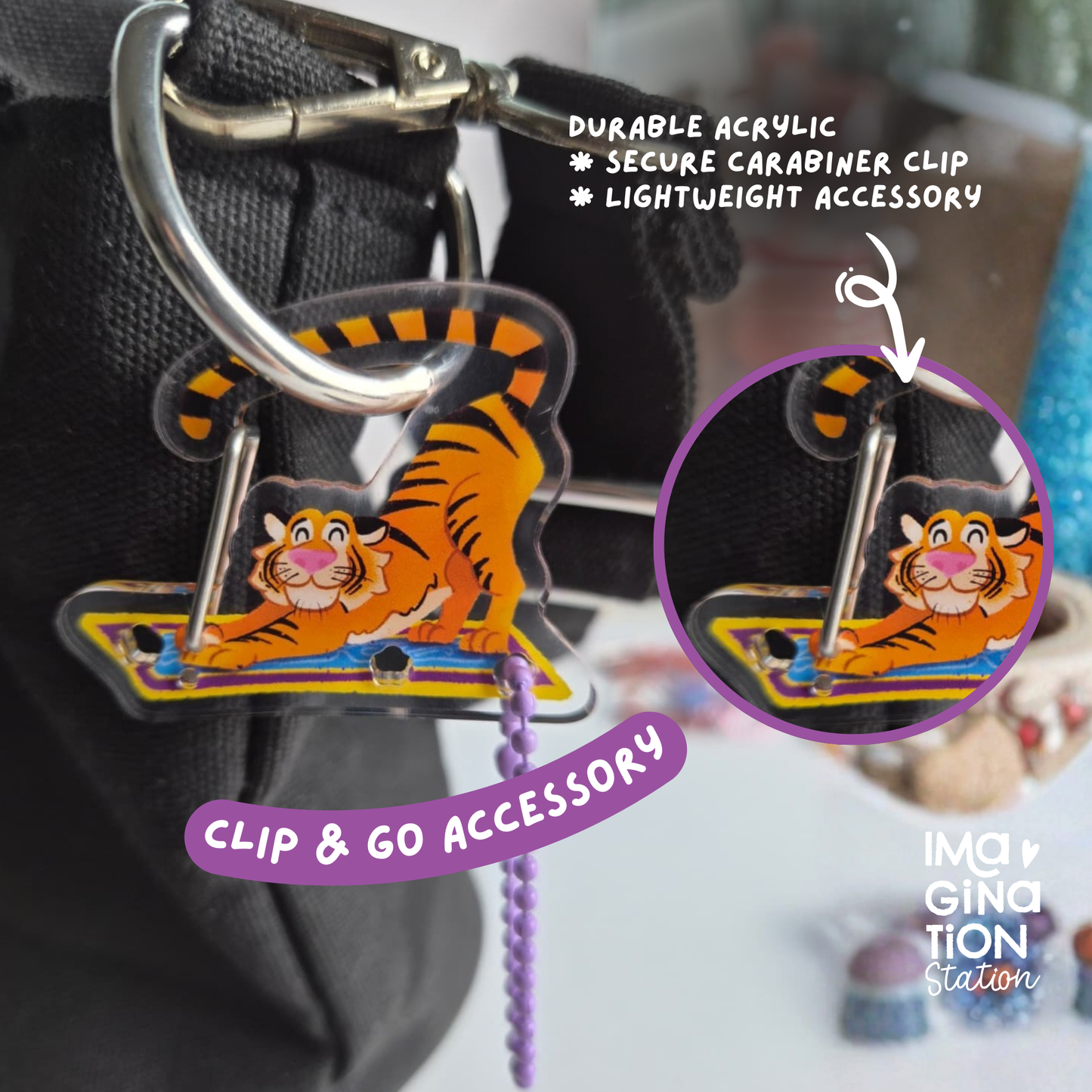 Rajah keychain clipped to bag – Aladdin Princess Jasmine tiger Disney functional charm