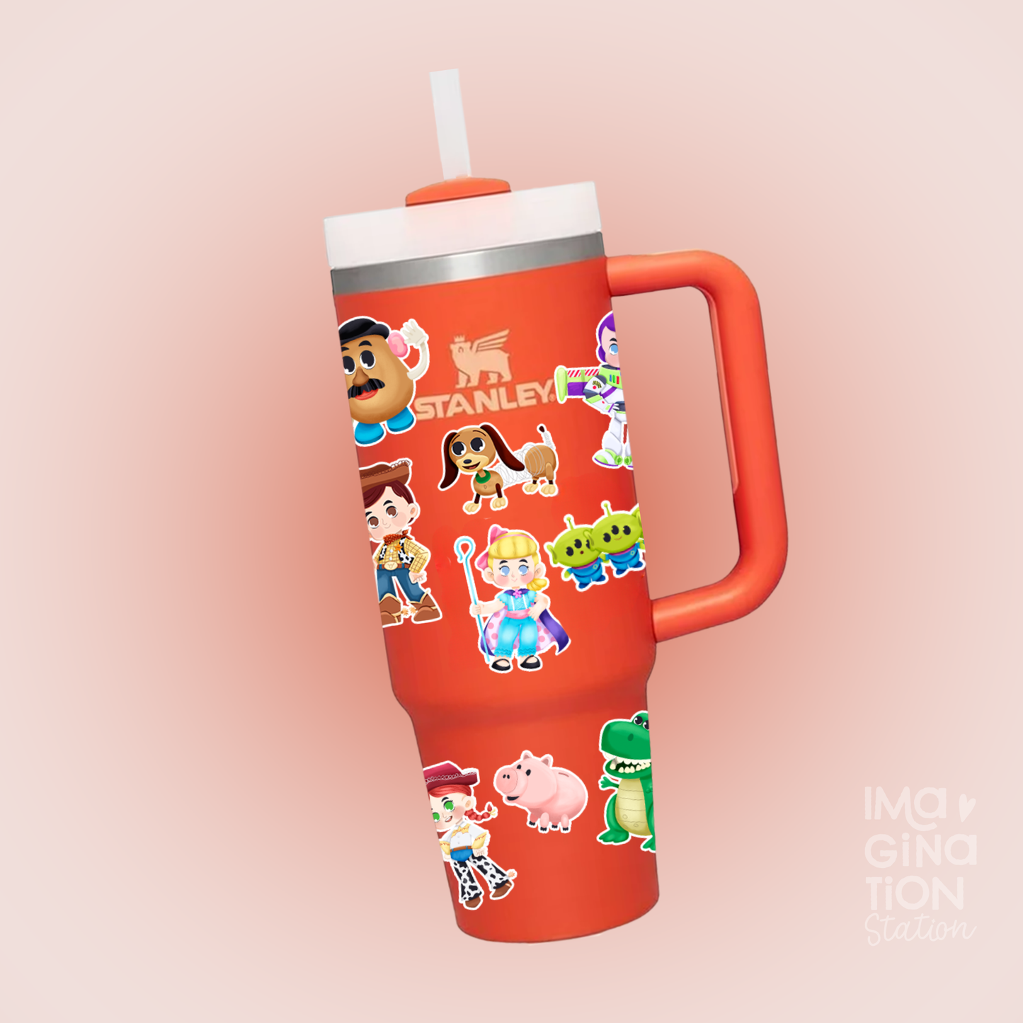 Toy Story 40oz tumbler front view – Woody Buzz Pixar Stanley-style Disney bundle