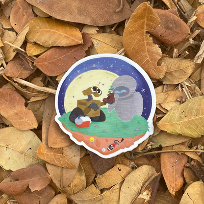 WALL-E and EVE sticker held by hand – brushed aluminium matte waterproof Disney Pixar vinyl