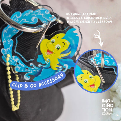 Flounder keychain clipped to bag – Little Mermaid Ariel Disney functional carabiner charm